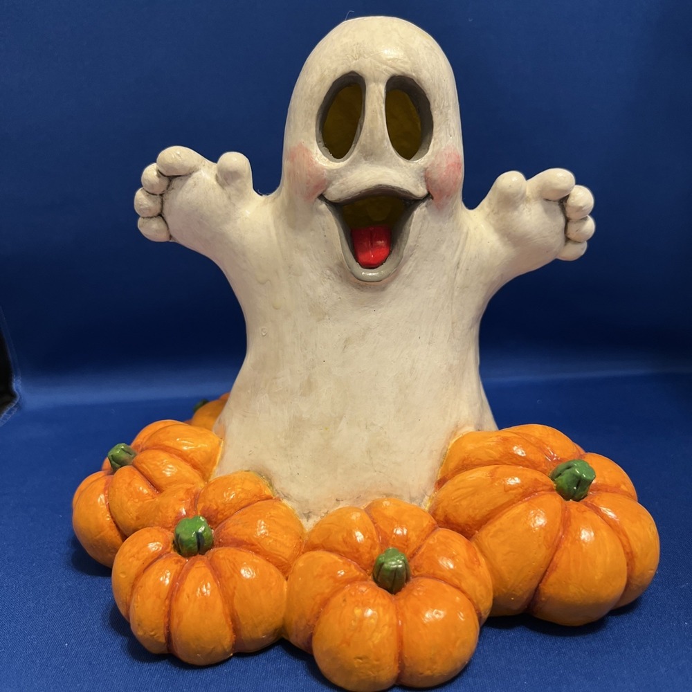 Vtg '89 Juta Chalkware Halloween Happy Ghost Pumpkins Candle Cover Figurine 7x8" - Picture 1 of 13